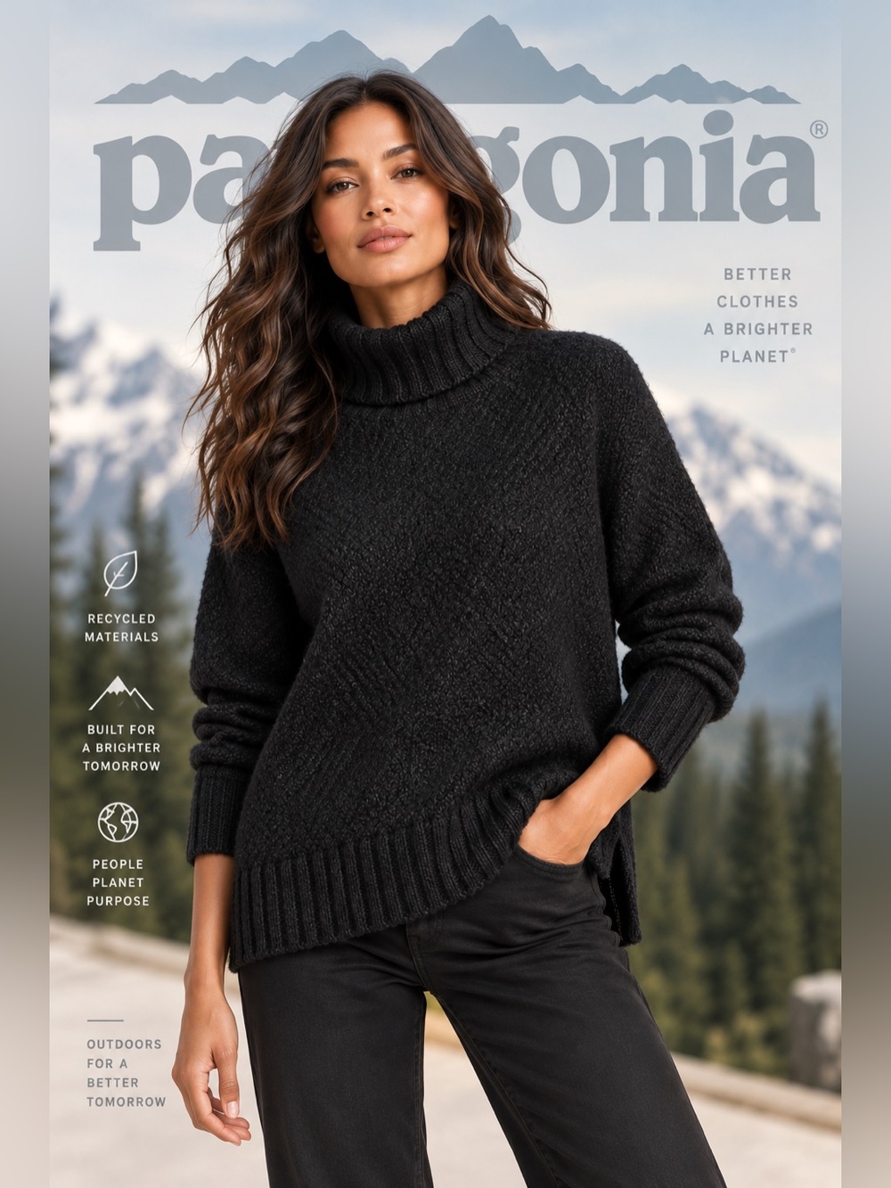 Patagonia Black Ribbed Turtleneck Sweater Off Country Knit recycled Cotton M